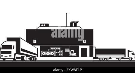 Camions chargeant et déchargeant des marchandises dans l'entrepôt - illustration vectorielle Illustration de Vecteur