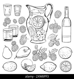 Buvez des rafraîchissements avec fruits et baies. Illustration de l'eau de framboise et citron. Ensemble d'illustration de boisson vectorielle noire isolé sur blanc Illustration de Vecteur