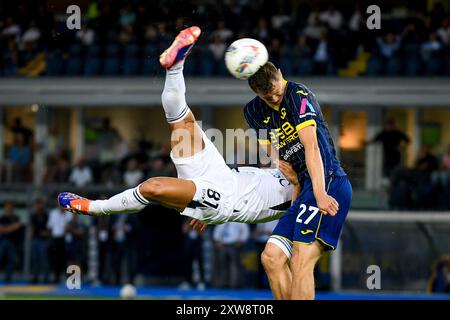 Vérone, Italie, 18 août 2024 coup de pied suspendu de Giacomo Raspadori de Napoli sur Pawel Dawidowicz de Vérone lors du Hellas Verona FC vs SSC Napoli, match de football italien Serie A à Vérone, Italie, le 18 août 2024 Banque D'Images