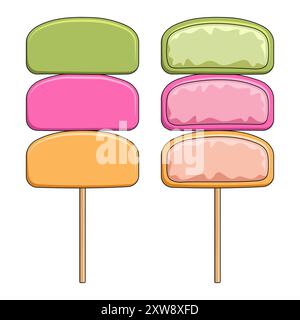 Ensemble d'illustration de couleur avec mochi dessert de riz japonais sur bâton. Objet vectoriel isolé sur fond blanc. Illustration de Vecteur