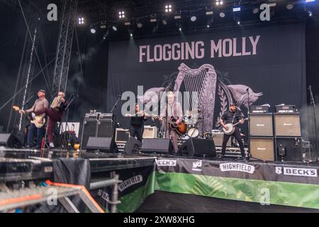 Die irisch - US-amerikanische Folk-Punk-Rock Band Flogging Molly live auf dem Highfield 2024 Gesang, Folk-Gitarre, Bodhran Dave King Mandoline, Banjo Robert Schmidt E-Bass Nathen Maxwell E-Gitarre Dennis Casey Fiddle, Tin Whistle, Uilleann Pipes, Akustische Gitarre Bridget Regan Schlagzeug Mike Alonso Akkordeon Matthew Hensley Highfield Tag 3 - Flogging Molly *** le groupe folk punk rock irlandais Flogging Molly live at Highfield 2024 chant, guitare folk, bodhran Dave King Mandolin, banjo Robert Schmidt basse électrique Nathen Maxwell guitare électrique Dennis Casey Fiddle, sifflet, uilleann pipes Banque D'Images