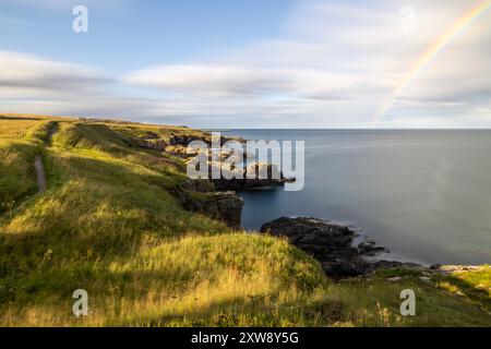 Dans l'Aberdeenshire, en Écosse, le sentier côtier d'Aberdeen offre une expérience de randonnée pittoresque, s'étendant au sud d'Aberdeen vers la pittoresque baie de Cove. Banque D'Images