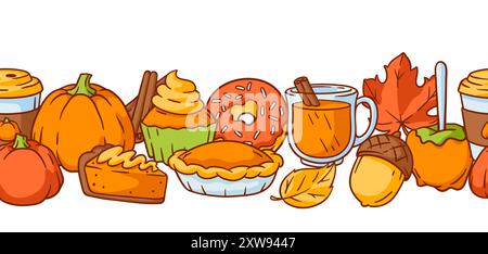 Articles d'automne et modèle de nourriture. Joyeux Thanksgiving et symboles traditionnels d'Halloween. Illustration de Vecteur