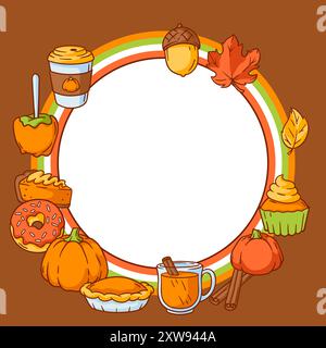 Articles d'automne et carte alimentaire. Joyeux Thanksgiving et symboles traditionnels d'Halloween. Illustration de Vecteur
