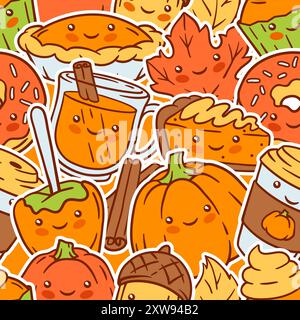 Motif kawaii d'automne. Joyeux Thanksgiving et Halloween symboles mignons traditionnels. Illustration de Vecteur