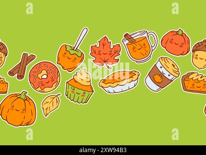 Motif kawaii d'automne. Joyeux Thanksgiving et Halloween symboles mignons traditionnels. Illustration de Vecteur