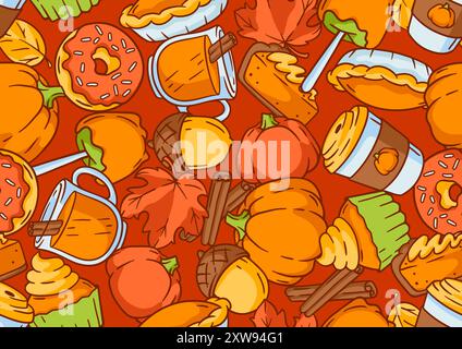 Articles d'automne et modèle de nourriture. Joyeux Thanksgiving et symboles traditionnels d'Halloween. Illustration de Vecteur