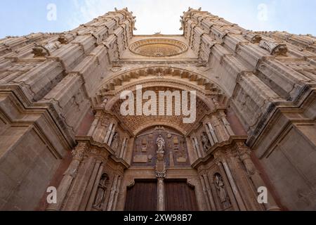 Superbe vue grand angle sur la Seu, la cathédrale emblématique de Palma, majestueusement dressée contre un ciel bleu vif, soulignant son immense échelle et son intri Banque D'Images