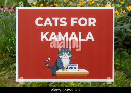 Signature de cour pour l'élection présidentielle américaine de 2024 pour le vice-président Kamala Harris indiquant Cats pour Kamala, vote. Le slogan est en rapport avec dénigrer remar Banque D'Images