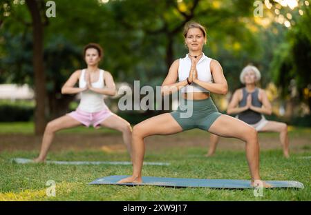 Jeune instructeur de yoga féminin menant un cours de groupe en plein air Banque D'Images