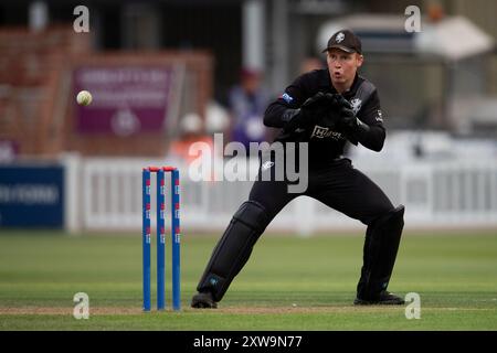 Taunton, Royaume-Uni. 18 août 2024. James Rew de Somerset lors de la demi-finale de la Metro Bank One Day Cup entre Somerset et Leicestershire au Cooper Associates County Ground. Crédit : Dave Vokes/Alamy Live News Banque D'Images