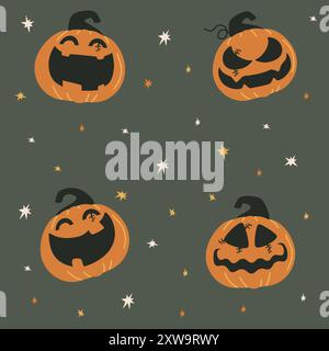 Joli motif sans couture d'Halloween. Ciel étoilé et diverses citrouilles pour Halloween. Imprimé enfants. Illustration de Vecteur