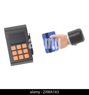 Main de dessin animé tenant carte de crédit et terminal de paiement. Terminal POS avec chèque. Transactions financières concept.3D rendu sur fond blanc. Banque D'Images