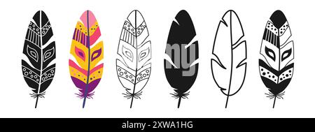 Icône linéaire de plume, jeu de symboles de dessin animé. Plumes d'oiseau stylisées élégantes dessinées à la main avec motif ornemental tribal boho ethnique. Signe oiseaux plumes silhouette forme ou doodle vus Illustration vectorielle Illustration de Vecteur