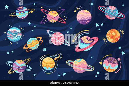 Planètes fantasy pour les enfants Planètes de galaxie abstraites dans un ensemble de dessins animés plats. Cosmos fantastique, la planète des sphères spatiales célestes pour le jeu. Illustration isolée de conception vectorielle sur fond sombre Illustration de Vecteur