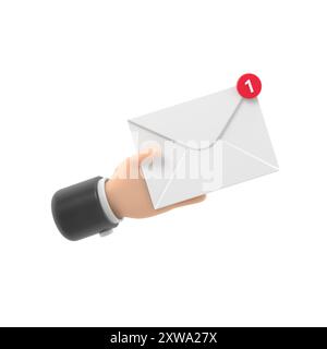 Concept de message reçu. Nouveau, e-mail entrant, sms. Service de livraison de courrier. Enveloppe en main. recevoir du courrier. Rendu 3D sur fond blanc. Banque D'Images