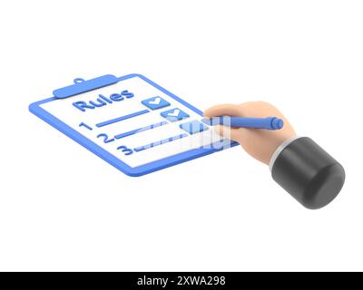 Concept de règles. Homme d'affaires tenant dans le presse-papiers de main avec des règlements. Liste de contrôle avec exigences. Liste de règles sur le rendu blank.3D sur fond blanc Banque D'Images