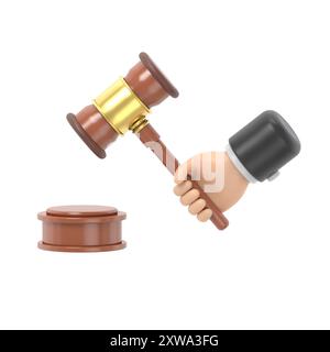 Icône de geste de dessin animé Mockup.Justice. Tenir la main juge du marteau. Conception de style plat d'illustration 3D. Symbole de la loi. Homme d'affaires dans un costume tient un aucti Banque D'Images