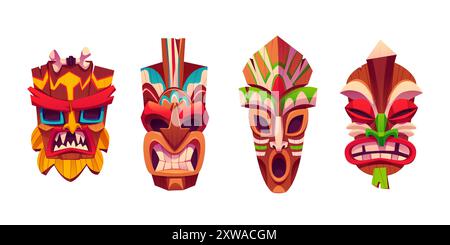 Collection traditionnelle de masque totem tiki hawaïen. Ensemble d'illustration vectorielle de dessin animé de la tête de statue de culture tribale en bois avec des décorations de feuilles tropicales. Affrontez les émotions avec les yeux, les dents et la langue. Illustration de Vecteur