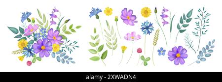 Fleurs printanières. Éléments floraux aquarelle, cadre aquarelle vintage avec feuille d'été nature et plantes, frontière nature. Eléments décoratifs isolés pour le design. Ensemble graphique à base de plantes botaniques vectorielles Illustration de Vecteur