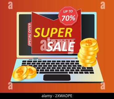 Étiquette de remboursement. Super vente. Écran d'ordinateur portable. Pièces d'or. Argent comptant. Financement de retour. Achats en ligne. Rabais en magasin. Bonus offre spéciale. Back finance des achats. Bannière de promotion marketing vectorielle Illustration de Vecteur