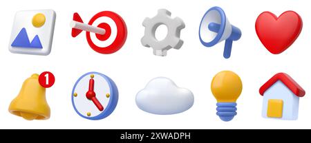 icônes 3d. Maison, jeu coeur et étoile éclairage cible, objets de bouton Web réaliste ou éléments d'ampoule d'affaires. Simple ampoule et mégaphone, nuage et horloge. Ensemble de médias sociaux isolé de dessin animé vectoriel Illustration de Vecteur