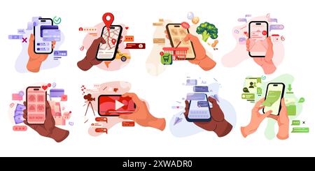 Téléphone en main. Application de téléphone portable intelligent avec cadeau Internet. Smartphone griffonné tenant le bras. Mode de vie social. Application de paiement bancaire ou de navigation. Lecteur de musique. Messagerie mobile. Icônes de dessin animé vectoriel définies Illustration de Vecteur