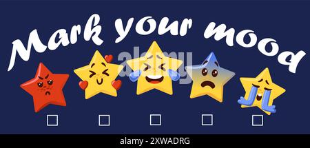 Star emoji. Classement de l'évaluation. Mark Mood. Satisfaction des clients. Enquête auprès des consommateurs. Expression des émotions positives ou négatives. Émoticônes drôles. Indicateur de qualité. Cases à cocher Echelle. Icônes de rétroaction vectorielle Illustration de Vecteur