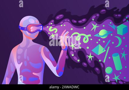 Réalité virtuelle. Personnage de femme dans des lunettes VR. Fille légère abstraite et technologies mobiles numériques. Onde de données. Simulateur cyberpunk. Expérience visuelle améliorée. Vecteur fond moderne de cyberespace Illustration de Vecteur