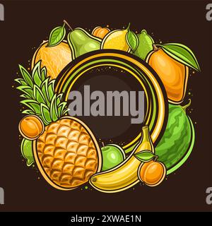 Vector fruit Frame avec espace de copie pour le texte de l'annonce, placard carré décoratif avec composition de fruits verts et jaunes de dessin animé, cadre rond avec homme Illustration de Vecteur