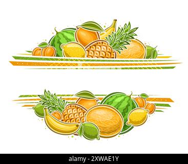 Bordure de fruits vectoriels avec espace de copie pour le texte de l'annonce, cadre décoratif avec composition de fruits verts et jaunes de dessin animé, bordure horizontale avec beaucoup Illustration de Vecteur