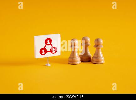 Travail d'équipe et organisation d'équipe. Hiérarchie des affaires et structure organisationnelle. Pions d'échecs près d'une bannière avec organigramme hiérarchique d'équipe. Banque D'Images