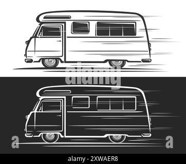 Logo vectoriel pour Vintage Camper Van, bannières automobiles avec illustration de silhouette de campervan classique monochrome en mouvement, illustration décorative de R Illustration de Vecteur