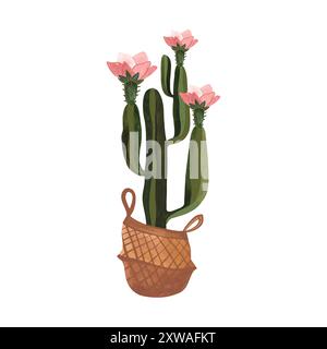 Cactus dans un panier en osier. Plantes pour la maison. Floriculture. Décoration intérieure. Illustration d'aquarelle isolée sur fond blanc. Clipart. Banque D'Images