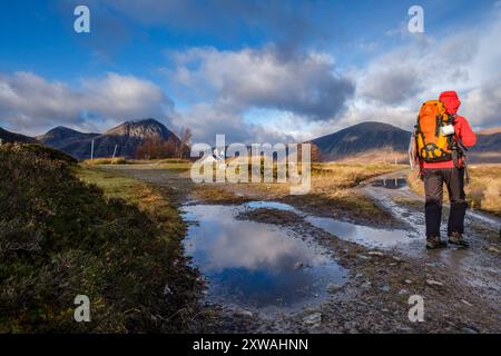 Randonneurs en trek, Glen Coe Valley, Lochaber Geopark, Highlands, Écosse, Royaume-Uni Banque D'Images