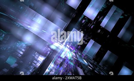 Les couleurs et la lumière se mélangent dans un monde numérique abstrait rempli de formes géométriques, créant une sensation vivante de profondeur et de mouvement. rendu 3d. Banque D'Images