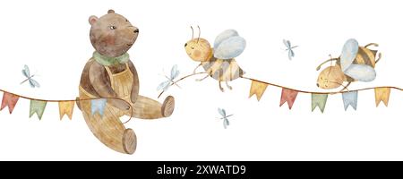 Cadre aquarelle sans couture ours et abeilles tenant une guirlande de drapeaux. Illustration dans le style des enfants, animaux forestiers dessinés à la main isolés sur blanc pour Banque D'Images