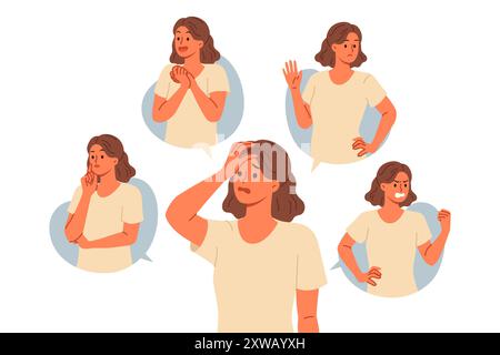 Femme avec des émotions négatives montre différentes grimaces symbolisant le ressentiment et le dégoût ou la haine Illustration de Vecteur