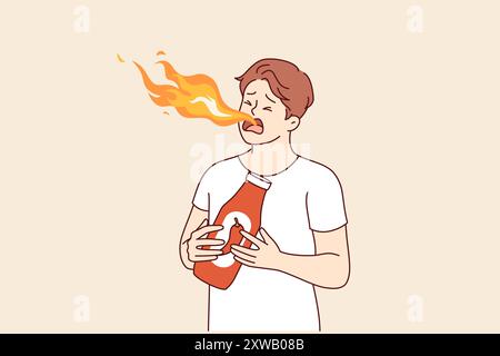 La sauce piquante au piment ou au tabasco a été goûtée par un homme qui respirait le feu de la bouche. Guy mange de la sauce piquante épicée ou du ketchup, dégustant des épices grésillantes pour les gourmets adorent les sensations fortes. Illustration de Vecteur