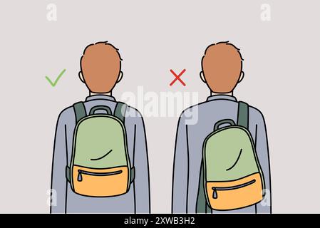 Le port correct et incorrect du sac à dos derrière le dos affecte négativement la colonne vertébrale et la posture de l'élève. Comparaison de la position du sac à dos avec les fournitures scolaires pour prévenir la scoliose. Illustration de Vecteur