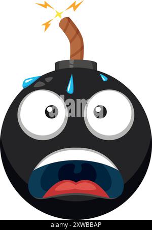 Emoji de dessin animé de la bombe effrayée. Boule noire comique avec cordon brûlant Illustration de Vecteur