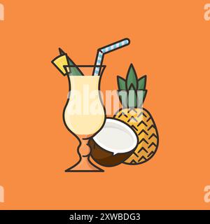 Cocktail Pina Colada, illustration vectorielle de noix de coco et d'ananas pour la journée Piña Colada le 10 juillet Illustration de Vecteur