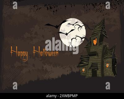 Une affiche sur le thème d'Halloween avec une maison effrayante et des chauves-souris volant dans le ciel. L'affiche dit « Happy Halloween » en lettres orange Illustration de Vecteur