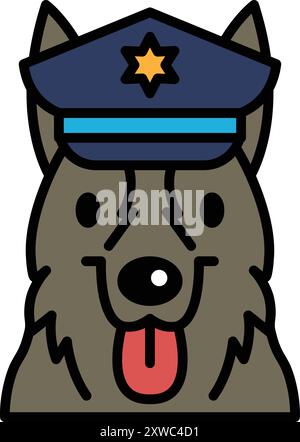 Un chien portant un chapeau de police. Le chien est souriant et a une langue qui sort. Le chapeau est noir et porte un badge dessus Illustration de Vecteur