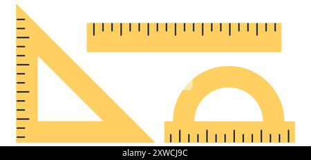 Explorez les outils de mesure jaunes essentiels comme une règle, un rapporteur et un triangle pour un travail de conception précis Illustration de Vecteur