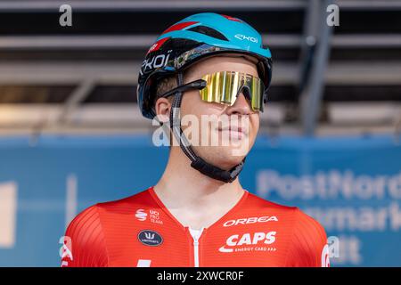 Ringkøbing, Danemark. 15 août 2024. Florian Vermeersch du Team Lotto-Dstny vu sur le podium avant l'étape 2 du PostNord Danmark Rundt 2024. Banque D'Images