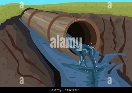 Canalisation d'eaux usées et d'égout. Eau sale s'écoulant du tube. Catastrophe écologique, effluents toxiques sales, pollution de l'environnement. Dégagement de tuyaux industriels Illustration de Vecteur