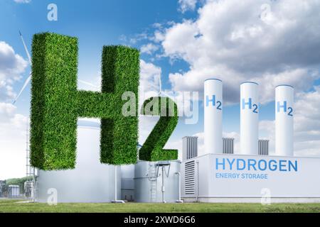 Usine d'hydrogène avec concept de stockage d'énergie. Production d'hydrogène vert à partir de sources d'énergie renouvelables.. Banque D'Images