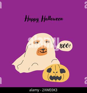 Motif de carte d'invitation fantômes d'Halloween mignon. Personnages effrayants drôles en costumes. Carte de voeux enfantine pour les vacances de Halloween Day avec bonbons A. Illustration de Vecteur