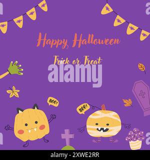 Modèle de carte mignon pour enfants Halloween Party. Personnages de dessins animés citrouilles en costume de vacances d'halloween et bonbons effrayants. Monstres mignons pour l'automne automne Illustration de Vecteur